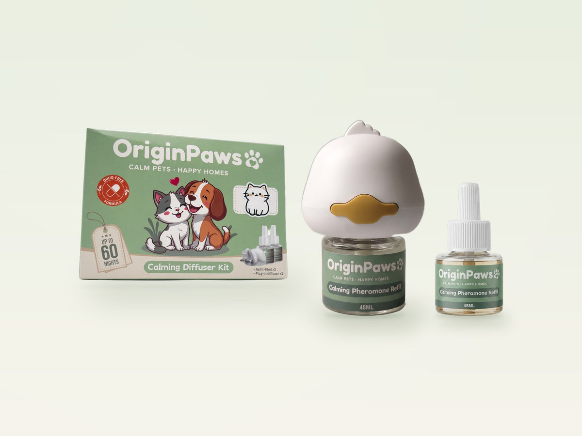 OriginPaws Cat Calming Starter Kit: box, plug-in diffuser and spare refill