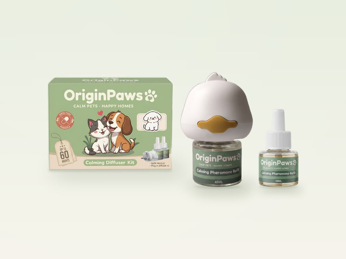 OriginPaws Dog Calming Starter Kit: box, plug-in diffuser and spare refill