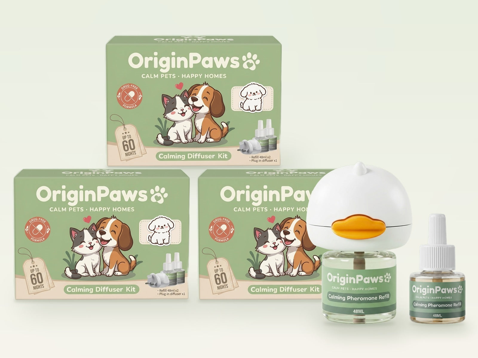 OriginPaws 3-room bundle: three kit boxes stacked, with the plug-in diffuser and a spare refill
