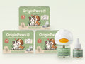 OriginPaws 3-room bundle: three kit boxes stacked, with the plug-in diffuser and a spare refill