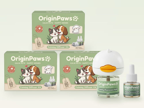OriginPaws 3-room bundle: three kit boxes stacked, with the plug-in diffuser and a spare refill