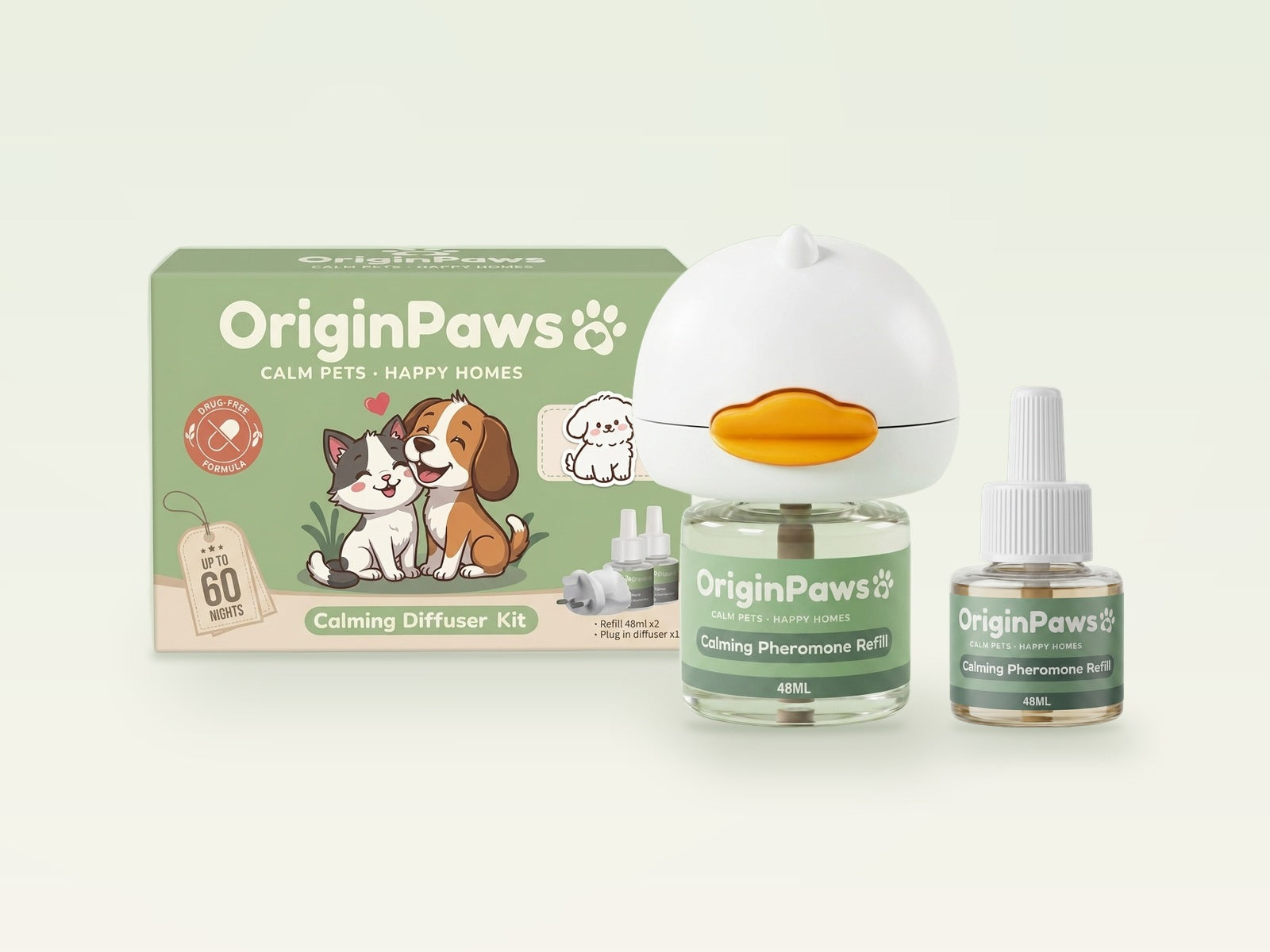 OriginPaws calming kit: one box with the plug-in diffuser and a spare refill