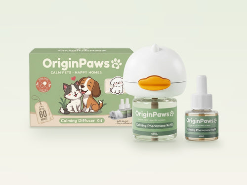OriginPaws calming kit: one box with the plug-in diffuser and a spare refill